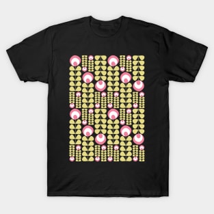 Dark Green, Pink, Yellow Mid Mod Flowers Pattern T-Shirt